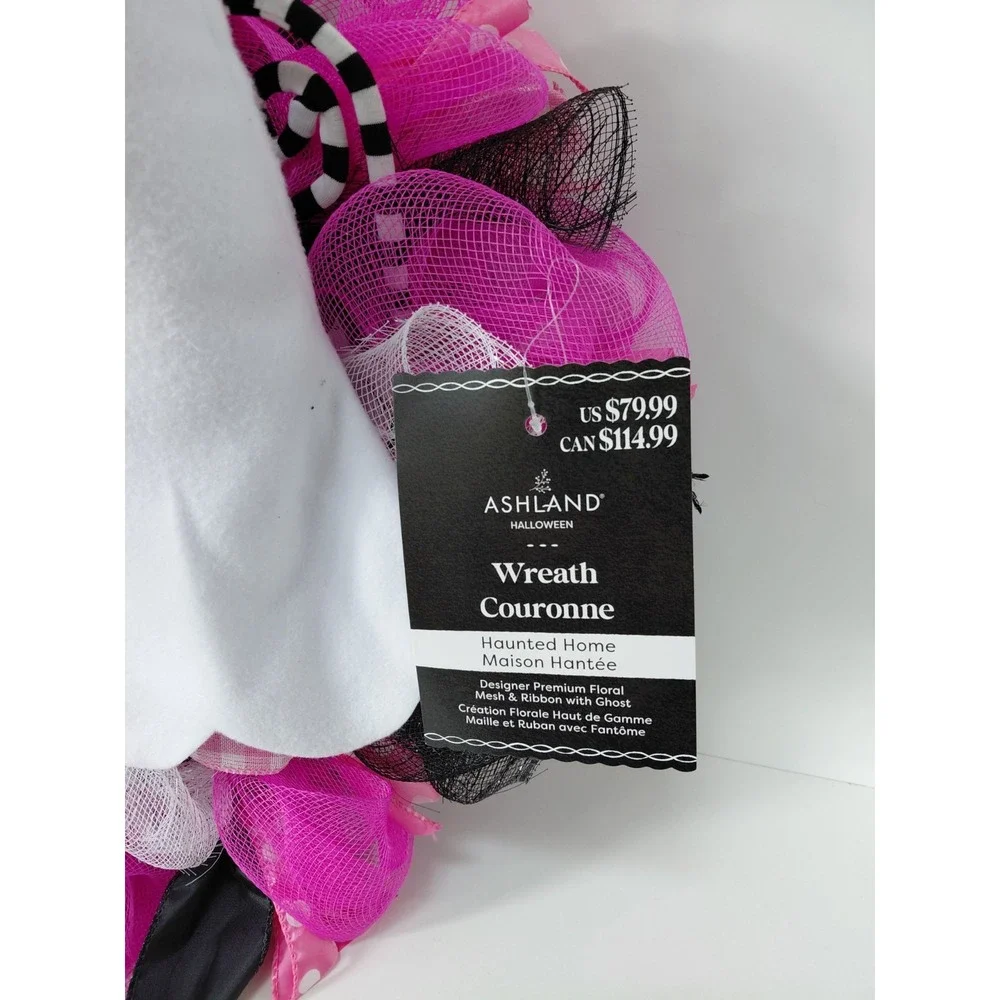 NWT Pink Black White Mesh Ribbon Ghost Halloween‎ Wreath 24